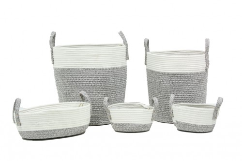 Gray and white fabric basket with handles s/5