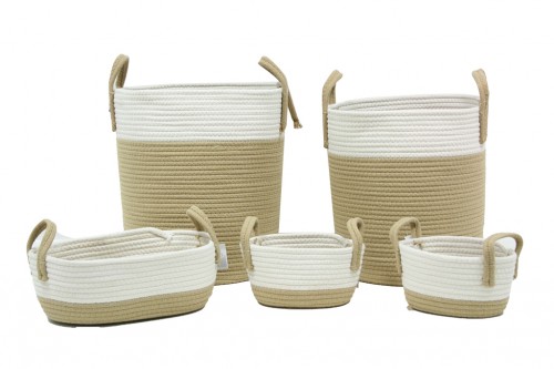 White and beige fabric basket with handles s/5