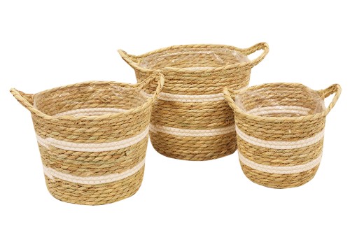 Set of 3 natural Seagrass planters with white stripes