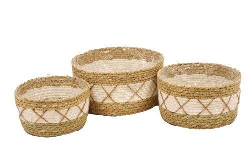 Set of 3 round Seagrass planters with white stripes.