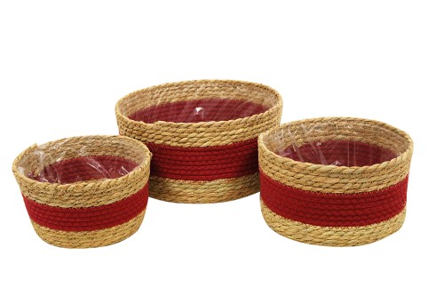 Set of 3 Seagrass planters with red accents