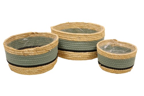 Set of 3 round Seagrass planters in blue