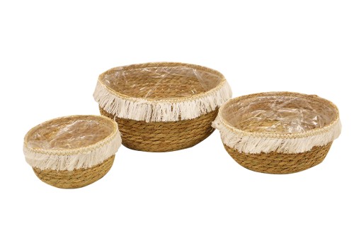 Maceteros redondos seagrass con decoracion s/3
