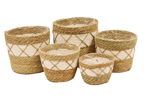 Set of 5 Seagrass planters with white decorative details.