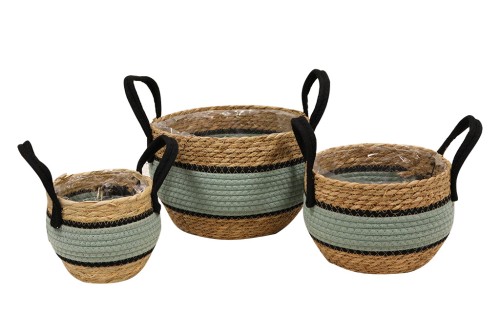 Set of 3 Seagrass planters with blue and black details and handles.