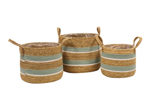 Maceteros seagrass azul y blanco con asa s/3