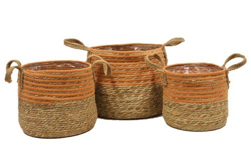 Seagrass planters with handles and orange details