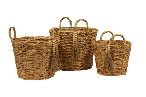 Cestos agua de jacinto natural con decoracion borlas s/3