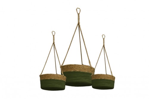 Cesta colgante tela y seagrass verde