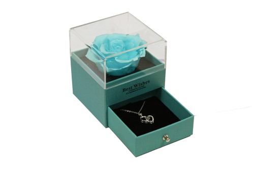 Konservierte rosa Box, blaue Schmuckschatulle mit Schublade